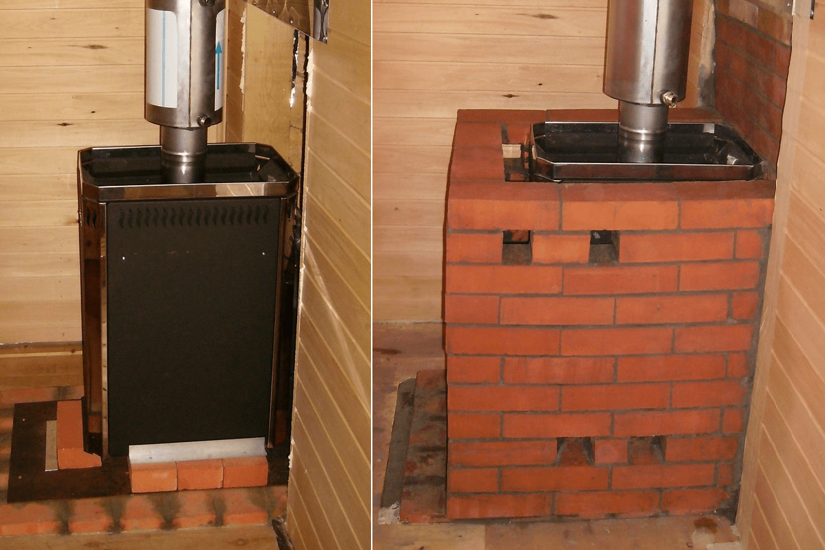 Железная печь для бани обложенная кирпичом